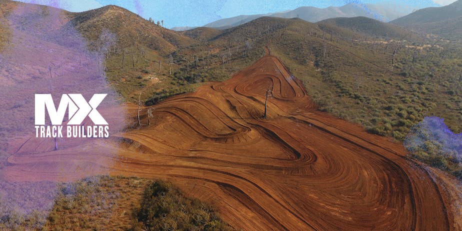 aerial view of hills and motocross track with MX Track Builders logo aerial view of hills and motocross track with MX Track Builders logo
